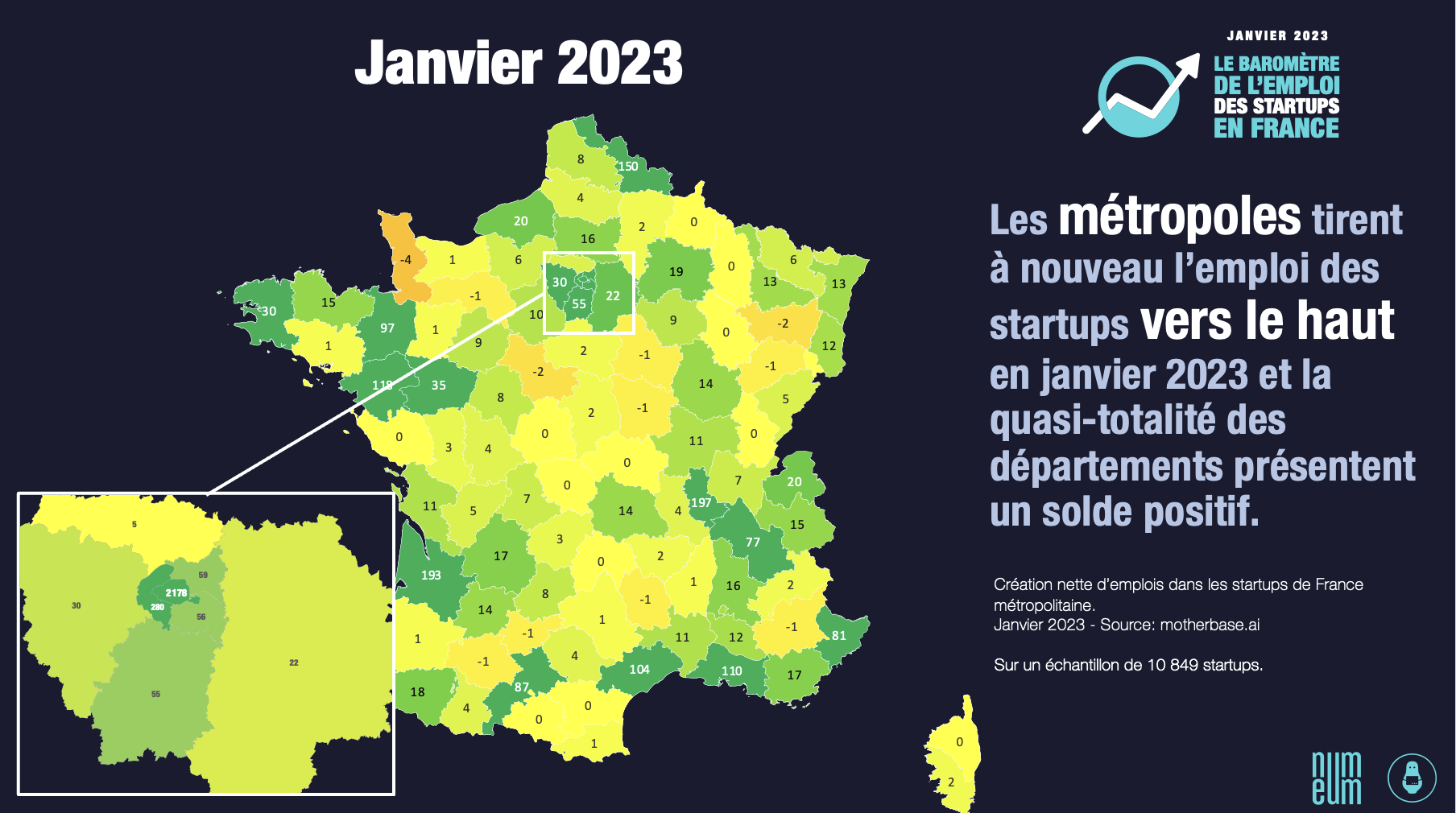 L'emploi dans les startups en France par département, janvier 23.